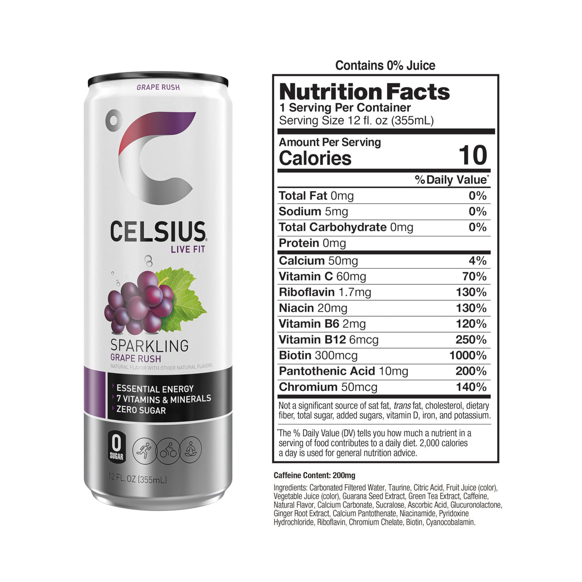 Celsius Sparkling Grape Rush label close-up highlighting vitamins and caffeine.