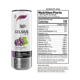 Celsius Sparkling Grape Rush label close-up highlighting vitamins and caffeine.
