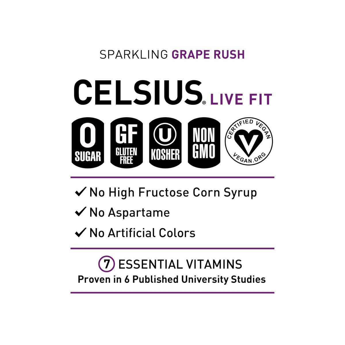 Celsius Sparkling Grape Rush pour shot with fizz and refreshing aroma.