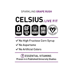 Celsius Sparkling Grape Rush pour shot with fizz and refreshing aroma.