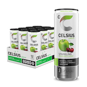 CELSIUS Sparkling Green Apple Cherry can front view for quick energy on the go