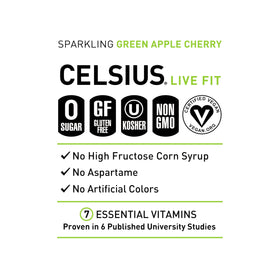 CELSIUS Sparkling Green Apple Cherry can being poured for refreshment