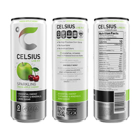 CELSIUS Sparkling Green Apple Cherry can side view showing zero sugar