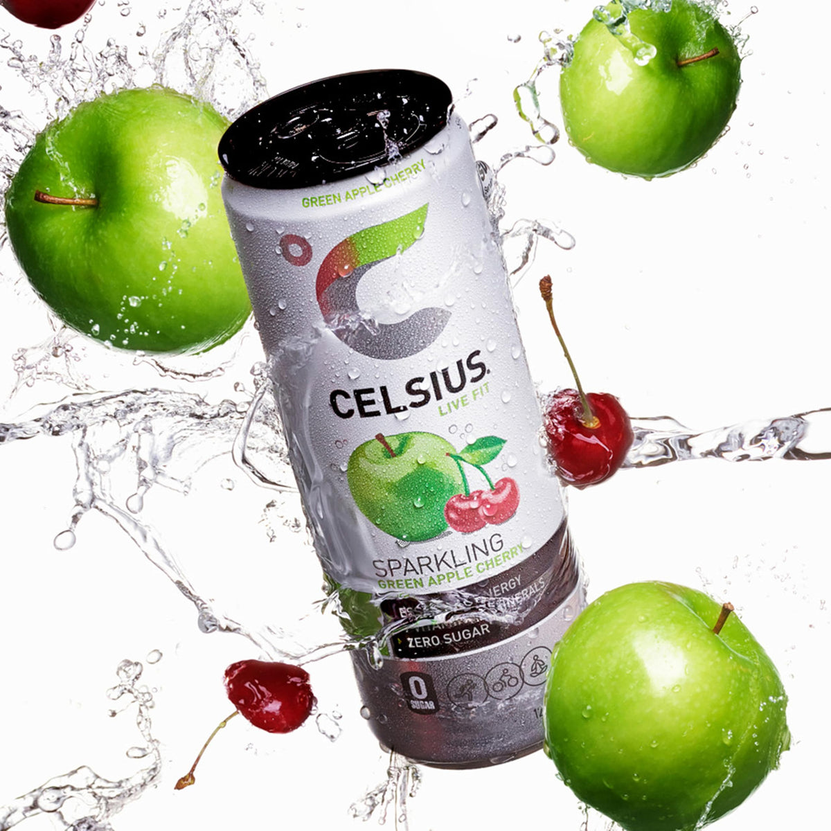 CELSIUS Sparkling Green Apple Cherry glass with can ready to energize