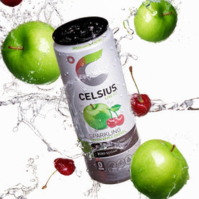 CELSIUS Sparkling Green Apple Cherry glass with can ready to energize
