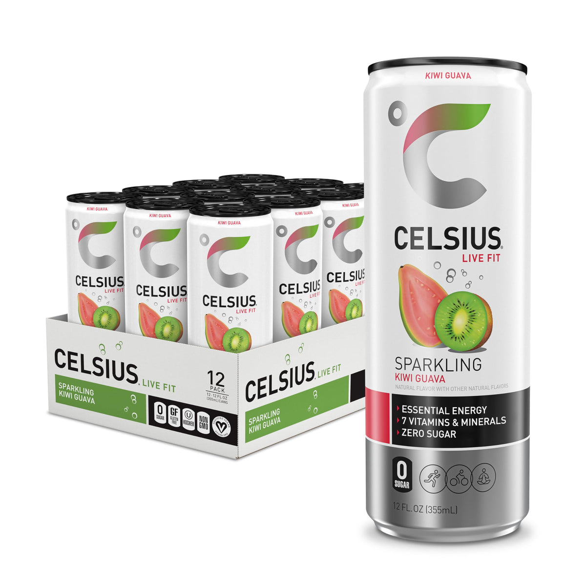 CELSIUS Sparkling Kiwi Guava can close-up, sugar-free energy boost.