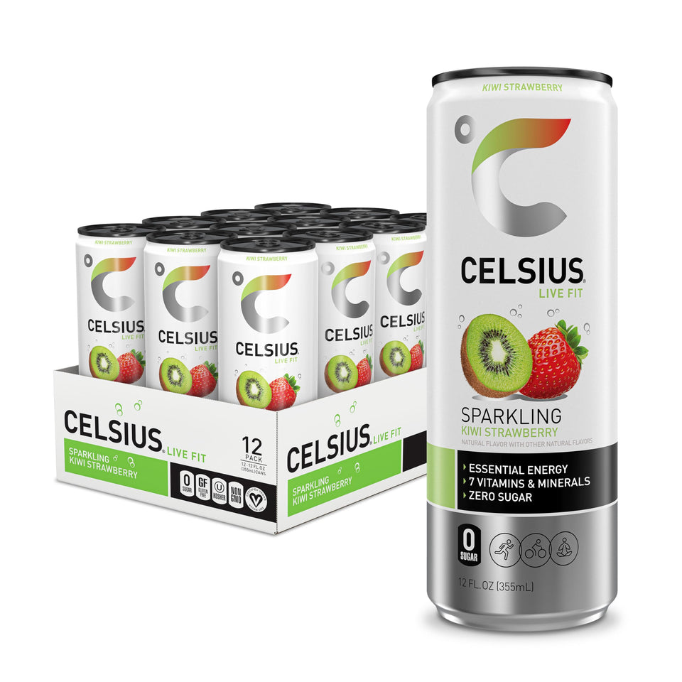 CELSIUS Sparkling Kiwi Strawberry can front view for a refreshing energy boost during workouts.