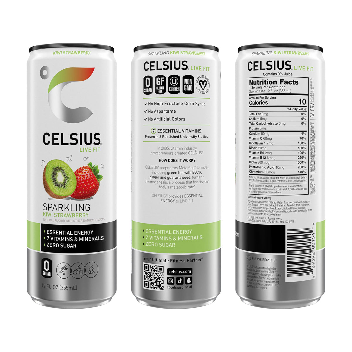CELSIUS Sparkling Kiwi Strawberry can side view highlights zero sugar and premium ingredients.