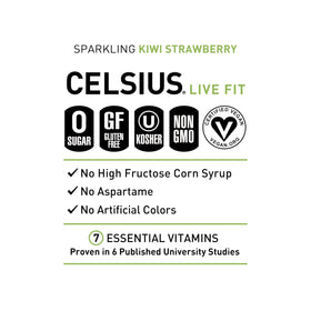CELSIUS Sparkling Kiwi Strawberry glass with can for on-the-go refreshment.