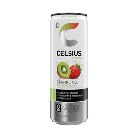 CELSIUS Sparkling Kiwi Strawberry ingredient panel close-up shows green tea extract and vitamins.