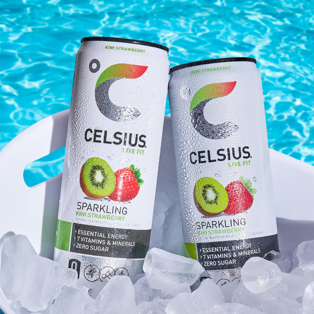 CELSIUS Sparkling Kiwi Strawberry label close-up highlights vegan and non-GMO status.