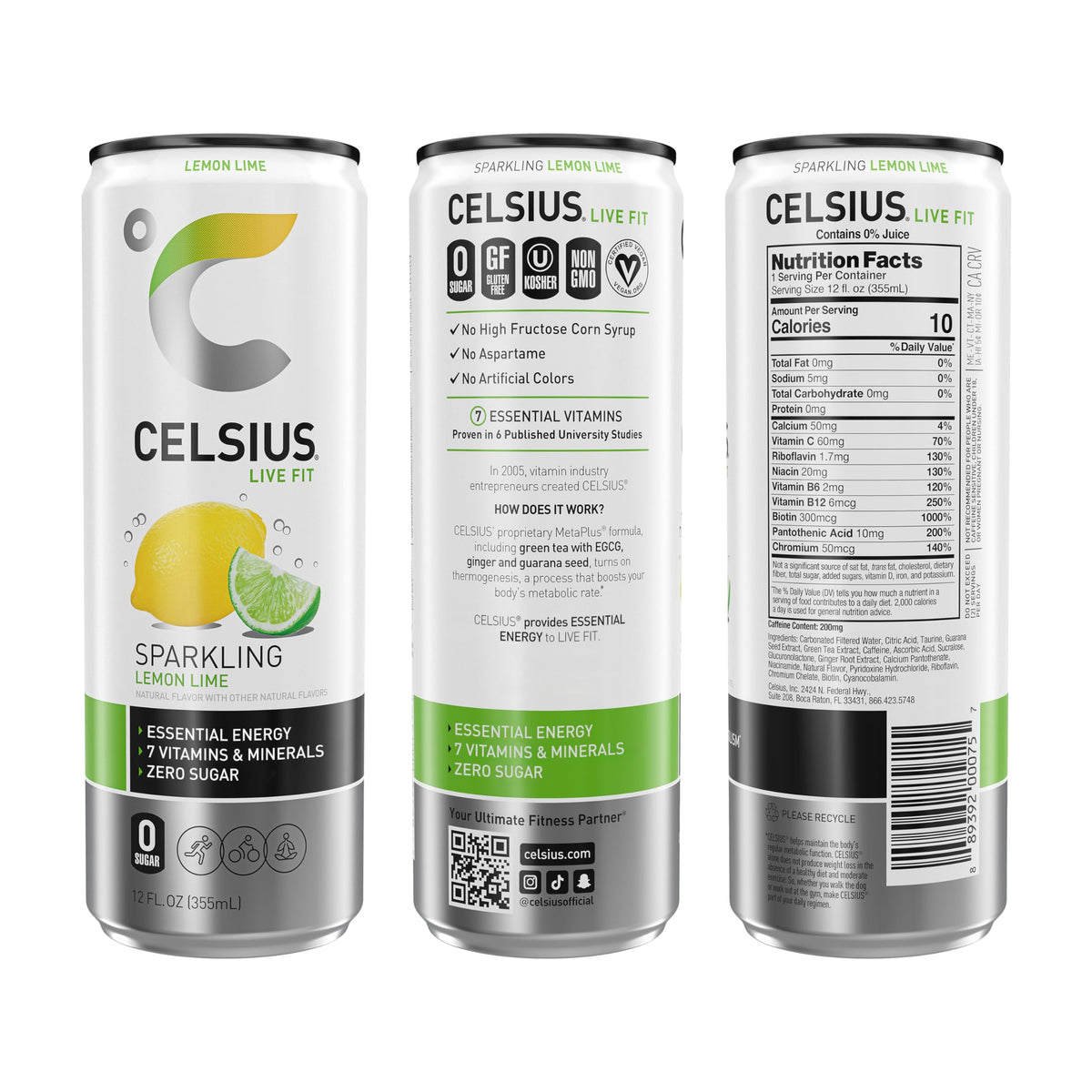Celsius Sparkling Lemon Lime can side profile showing zero sugar