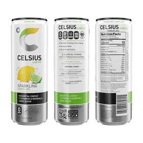 Celsius Sparkling Lemon Lime can side profile showing zero sugar