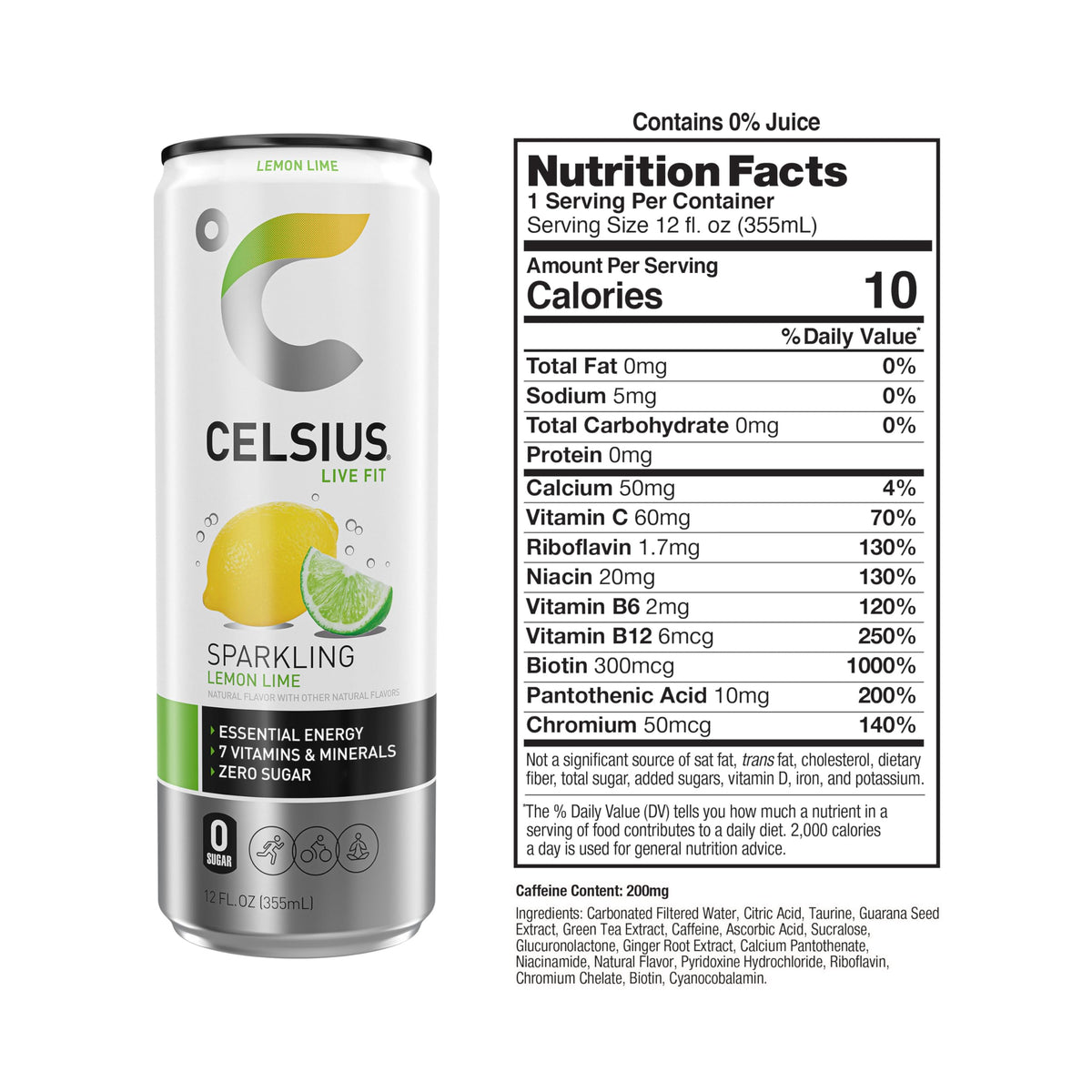 Celsius Sparkling Lemon Lime can nutrition label with vitamins and caffeine