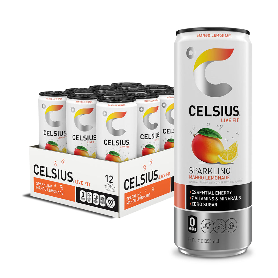 CELSIUS Sparkling Mango Lemonade can front view, a sugar-free energy boost on the go