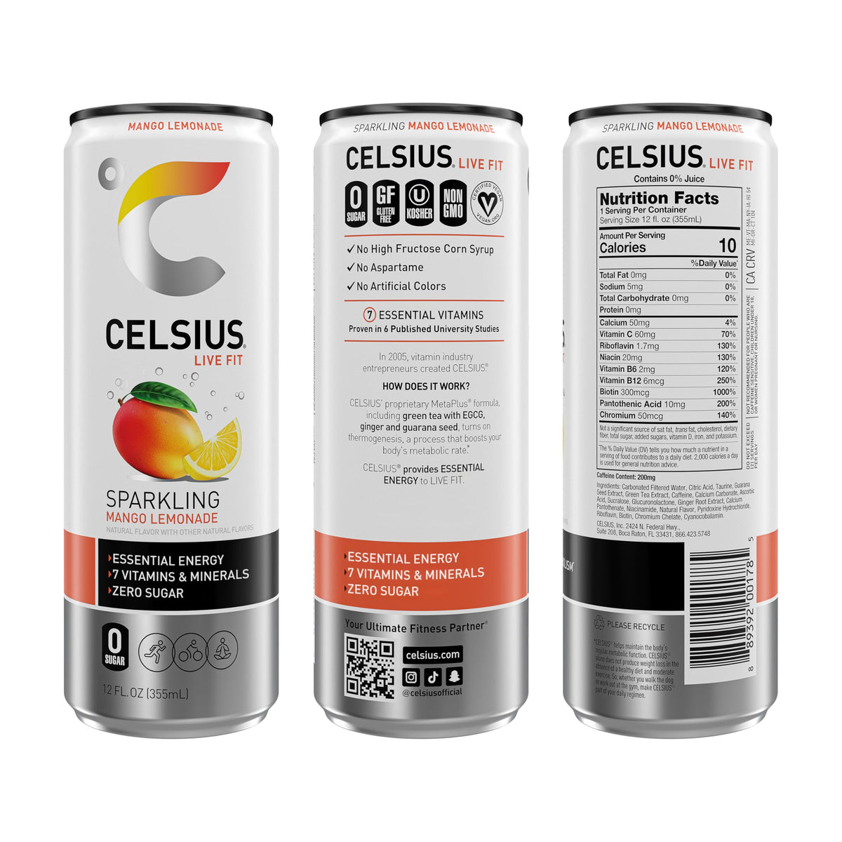 CELSIUS Sparkling Mango Lemonade side view, compact 12-pack for convenient daily energy