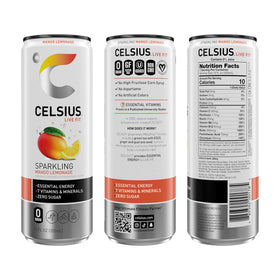 CELSIUS Sparkling Mango Lemonade side view, compact 12-pack for convenient daily energy