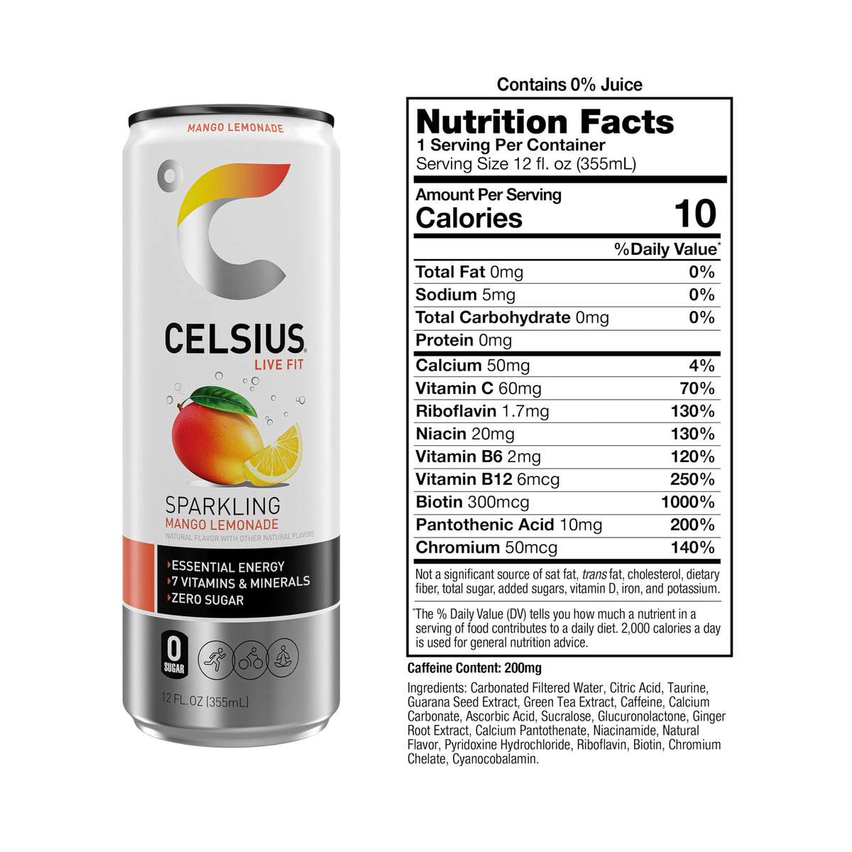 Close-up of a CELSIUS Mango Lemonade glass, refreshing flavor and zero sugar