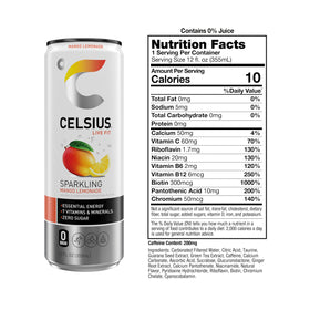 Close-up of a CELSIUS Mango Lemonade glass, refreshing flavor and zero sugar