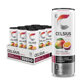 CELSIUS Sparkling Mango Passionfruit can front view for pre-workout energy