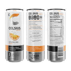 CELSIUS Sparkling Orange ingredients label highlights seven vitamins and caffeine.
