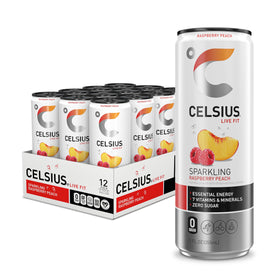 CELSIUS Sparkling Raspberry Peach can front view, zero sugar and essential energy.