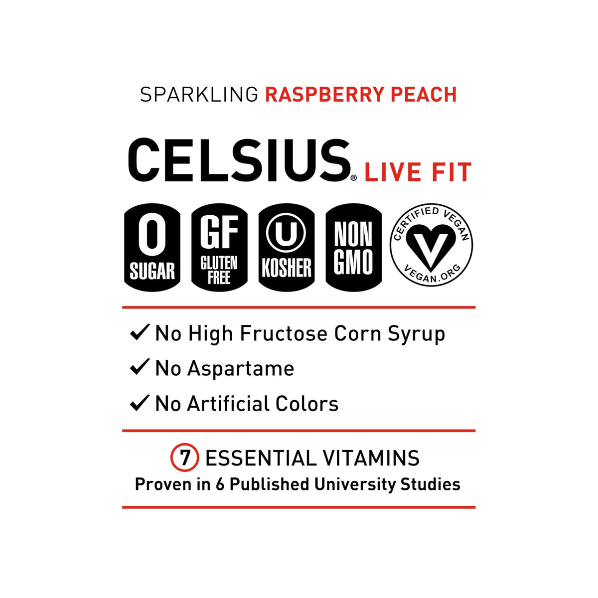 CELSIUS Sparkling Raspberry Peach can pouring liquid highlights refreshment and flavor.