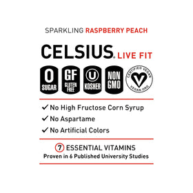 CELSIUS Sparkling Raspberry Peach can pouring liquid highlights refreshment and flavor.