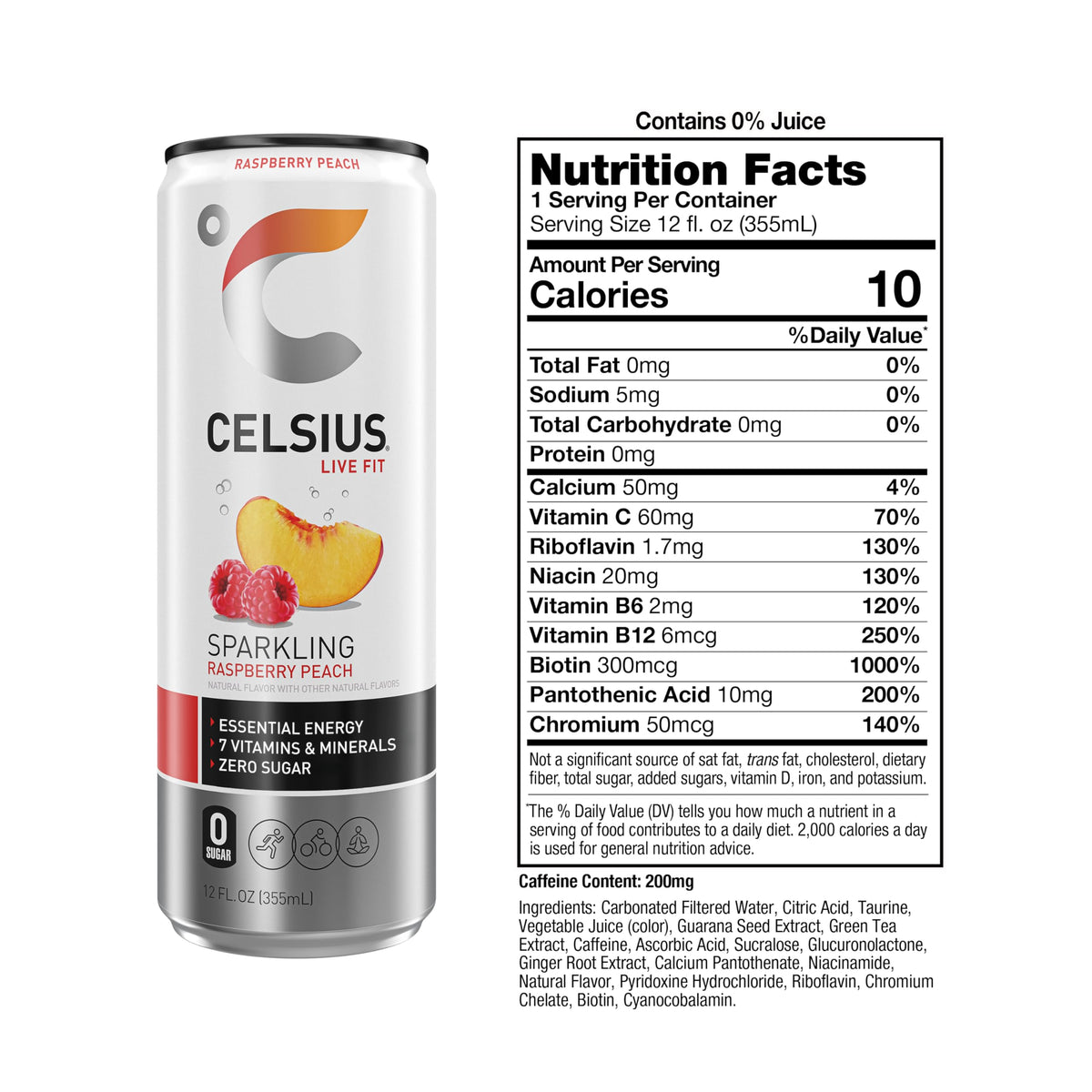 CELSIUS Sparkling Raspberry Peach can side view showing clean ingredients and vegan certification.