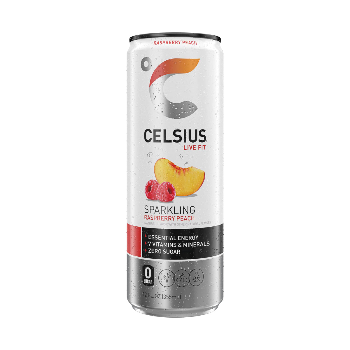 CELSIUS Raspberry Peach ingredients panel highlights seven vitamins and caffeine.