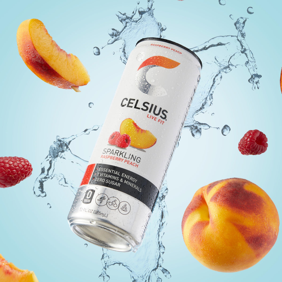 CELSIUS Sparkling Raspberry Peach nutrition panel underscores sugar-free energy choice.