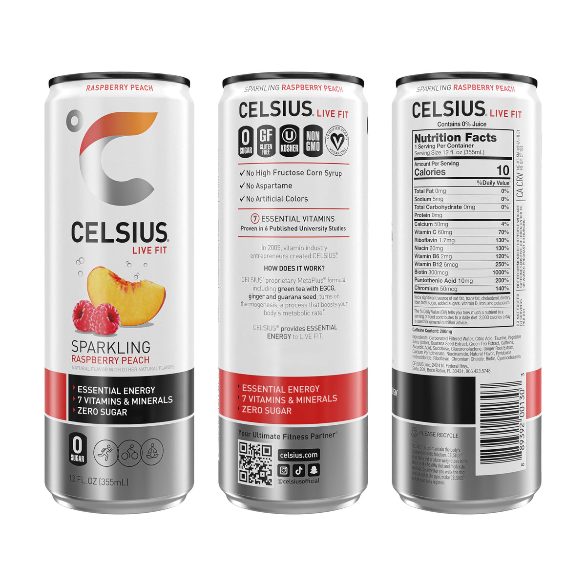 CELSIUS Sparkling Raspberry Peach 12-pack front view for workouts on the go.