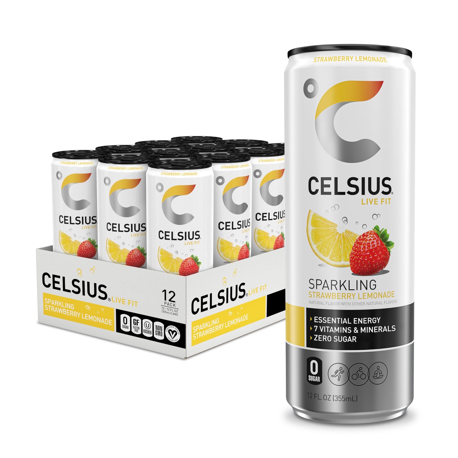 CELSIUS Sparkling Strawberry Lemonade can ready for a quick workout boost