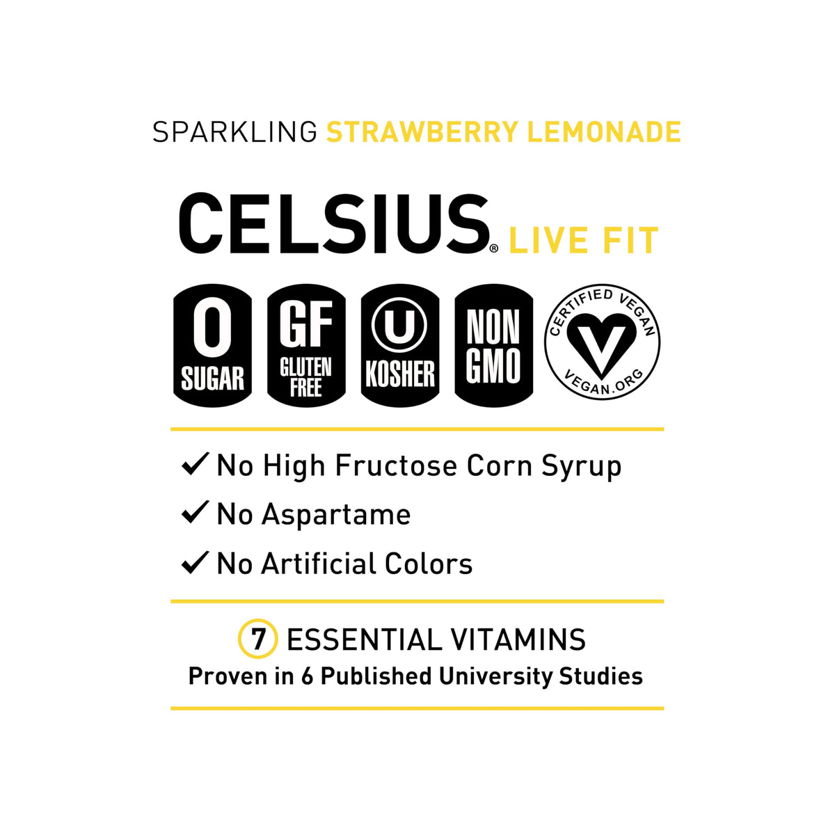 CELSIUS Sparkling Strawberry Lemonade glass with ice highlights crisp flavor