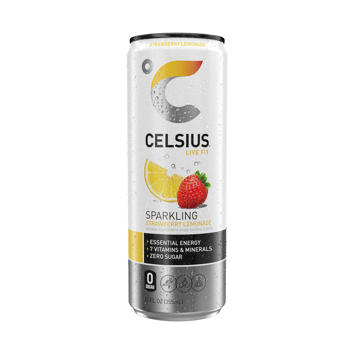CELSIUS Sparkling Strawberry Lemonade in gym setup for on-the-go energy