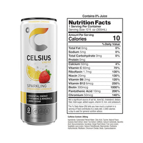 CELSIUS Sparkling Strawberry Lemonade can beside fresh fruit, showcasing zero sugar