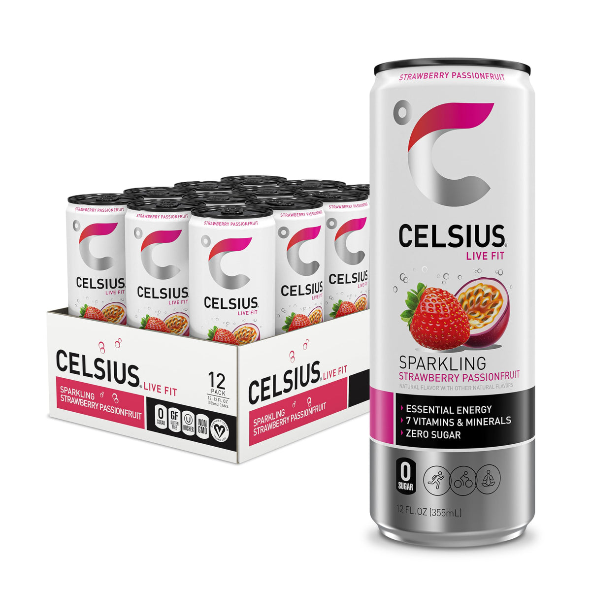 Celsius Sparkling Strawberry Passionfruit can, energizing pre-workout drink