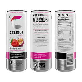 Celsius Sparkling Strawberry Passionfruit front view, vibrant energy boost