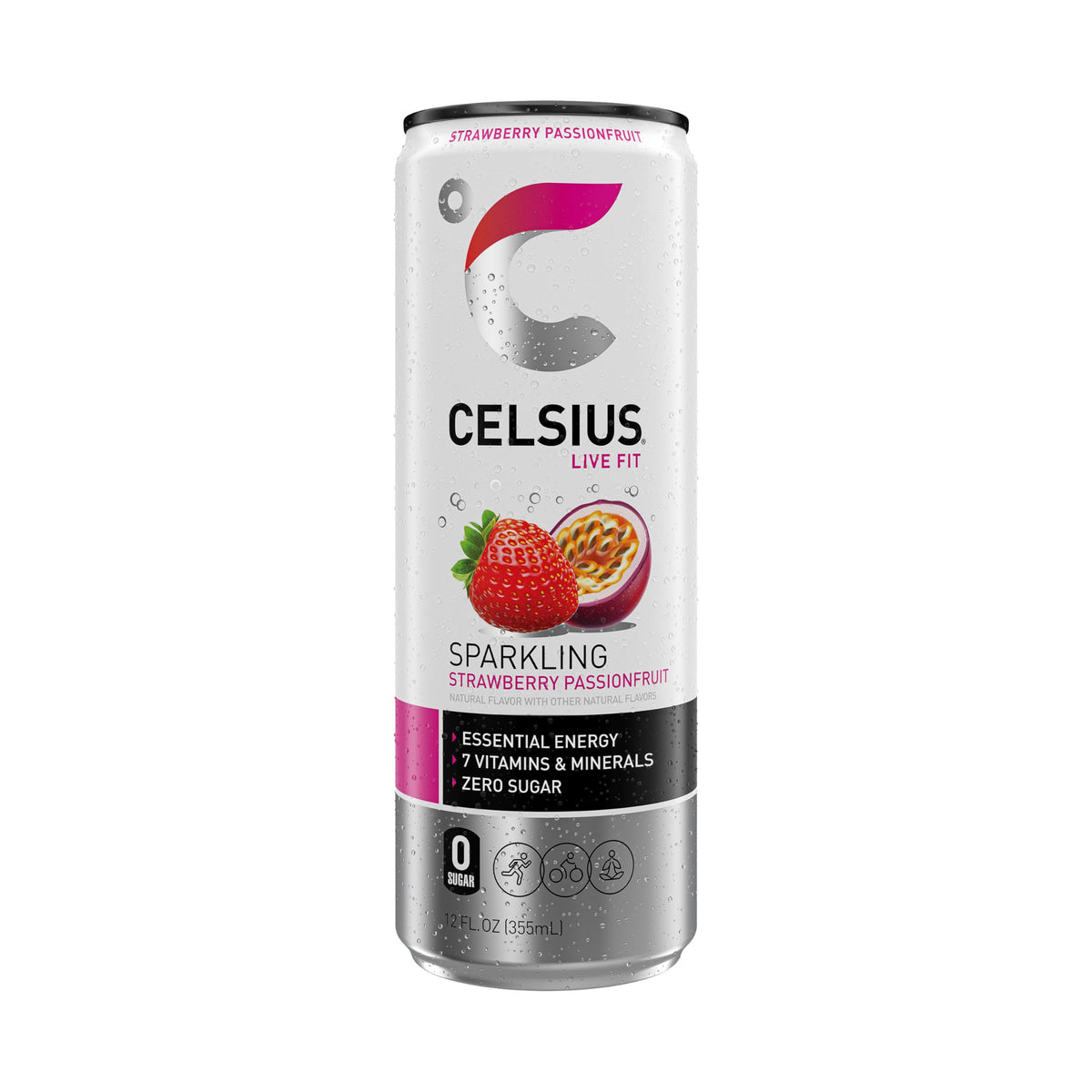 Celsius Sparkling Strawberry Passionfruit ingredients close-up, vitamin blend highlights
