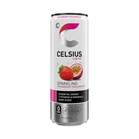 Celsius Sparkling Strawberry Passionfruit ingredients close-up, vitamin blend highlights