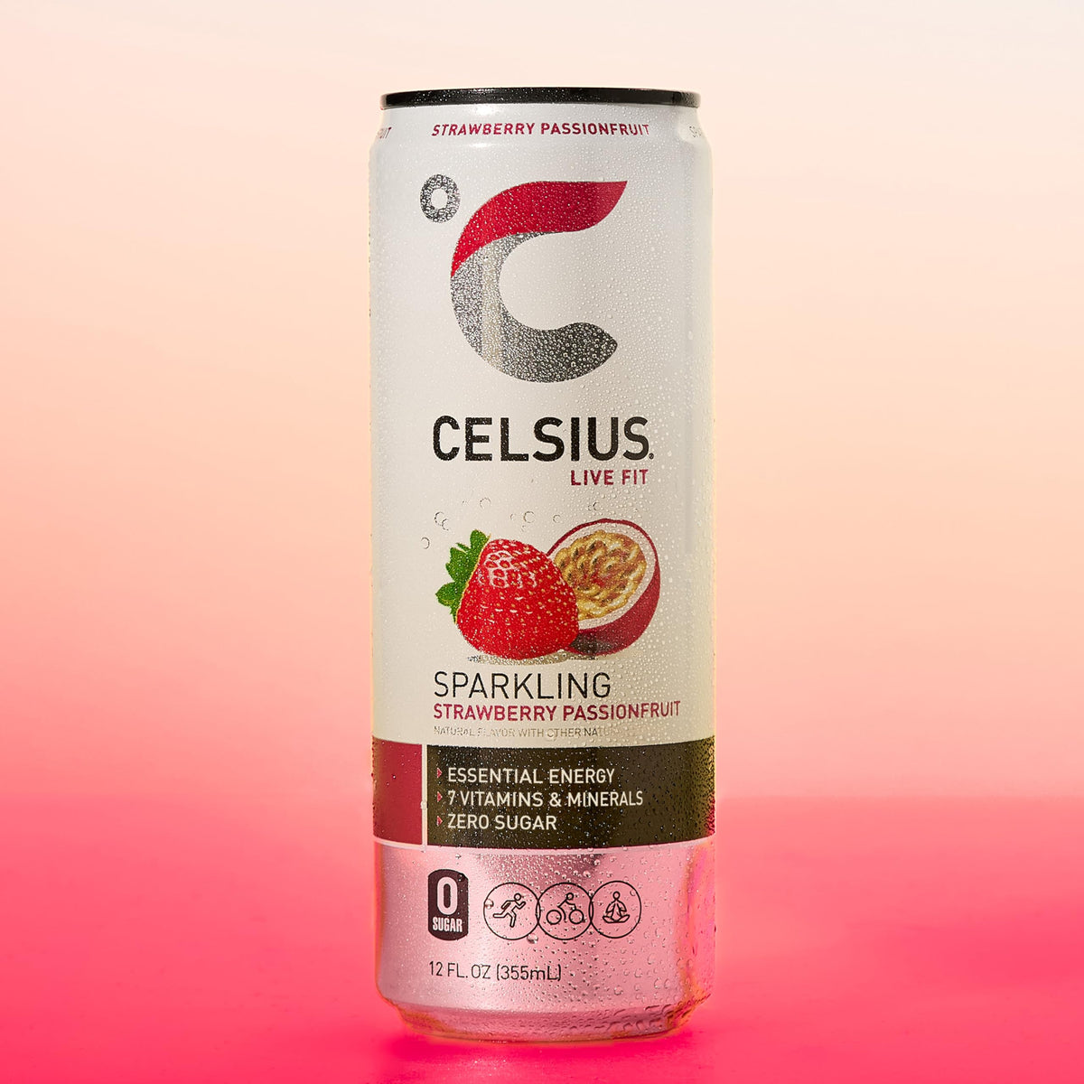 Celsius Sparkling Strawberry Passionfruit packaging, 12-pack slim cans for easy transport