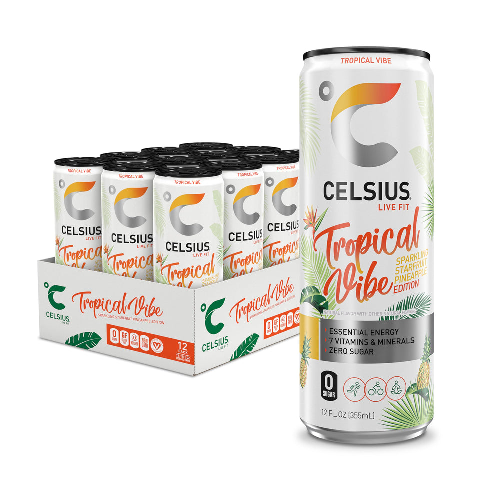 CELSIUS Sparkling Tropical Vibe can front view energizes workouts on the go