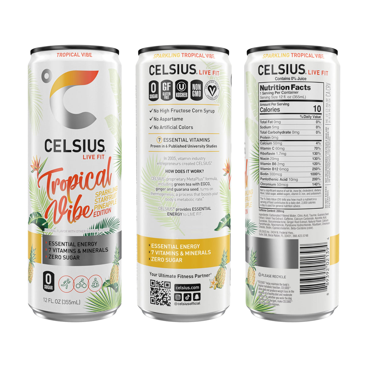 CELSIUS Sparkling Tropical Vibe can side view shows vibrant flavor and zero sugar
