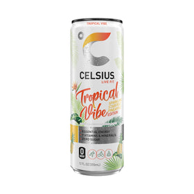 CELSIUS Sparkling Tropical Vibe logo closeup highlights vegan and non-GMO promise