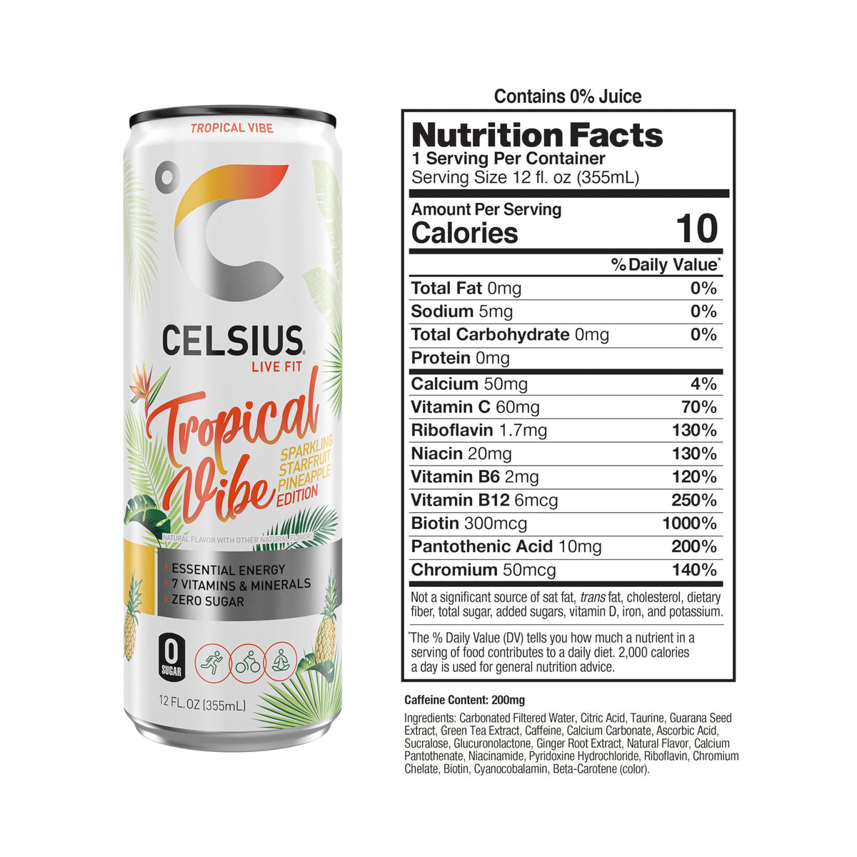 CELSIUS Sparkling Tropical Vibe pack-12 image emphasizes convenient energy for active days