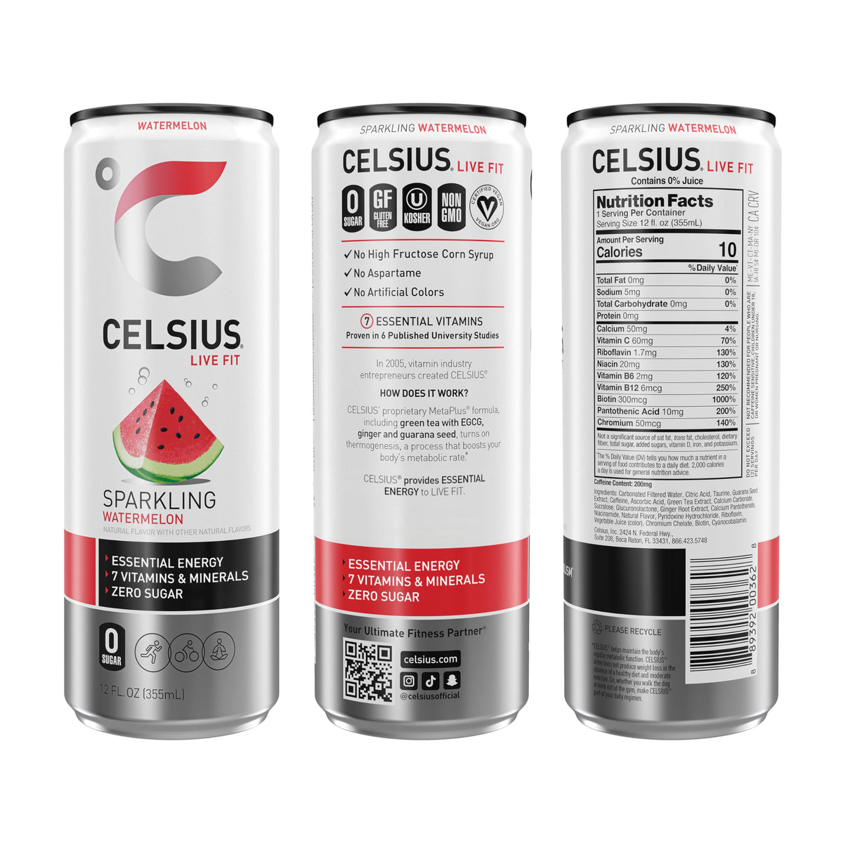 Celsius Sparkling Watermelon can in gym bag for pre-workout refresh.