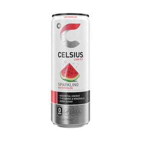 Celsius Sparkling Watermelon can on desk for quick energy boost.