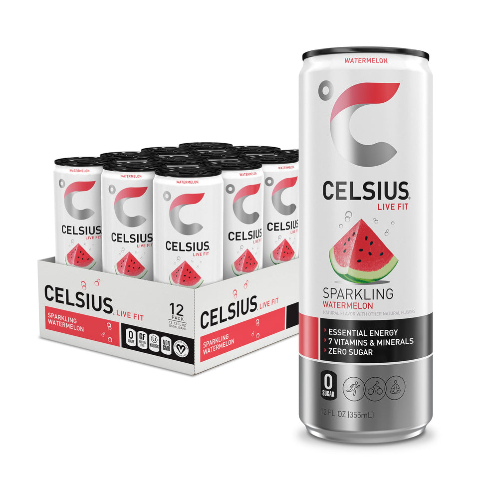 Celsius Sparkling Watermelon can close-up highlighting zero sugar energy.
