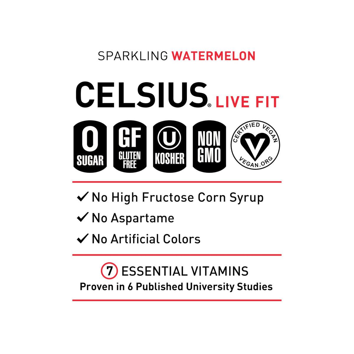 Celsius Sparkling Watermelon label close-up showing refreshing flavor.