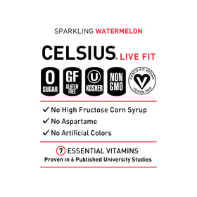 Celsius Sparkling Watermelon label close-up showing refreshing flavor.